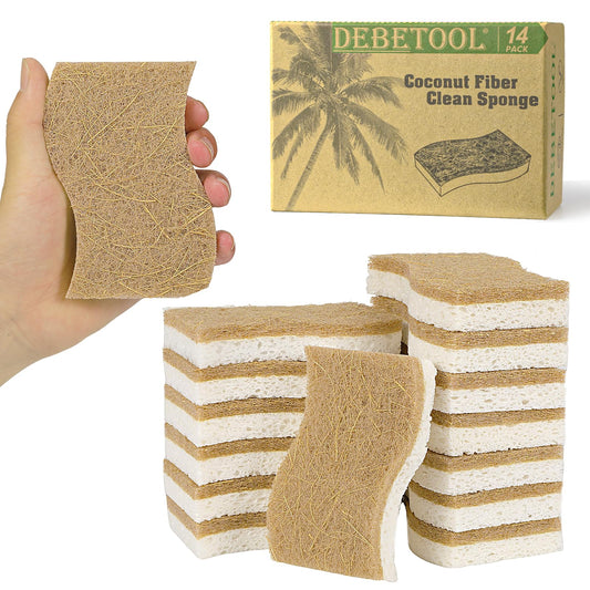DEBETOOL Natural Kitchen Sponge, Eco-Friendly Dish Sponge for Kitchen - Biodegradable Cellulose and Coconut Scrubber Sponge-Pack of 14 Household Cleaning Sponge for Dishes, White